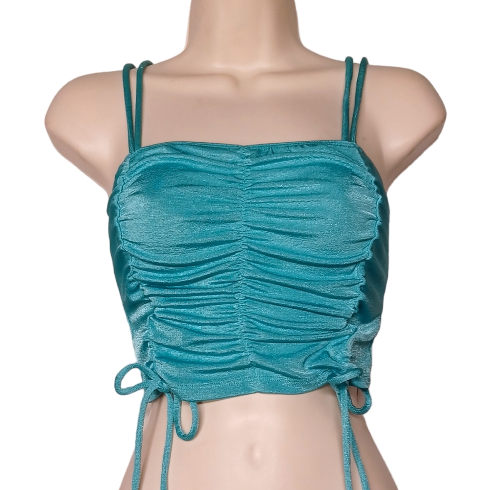 LIZ & SARA Blue Shimmer Ruching Sleeveless Stretchy Top Medium